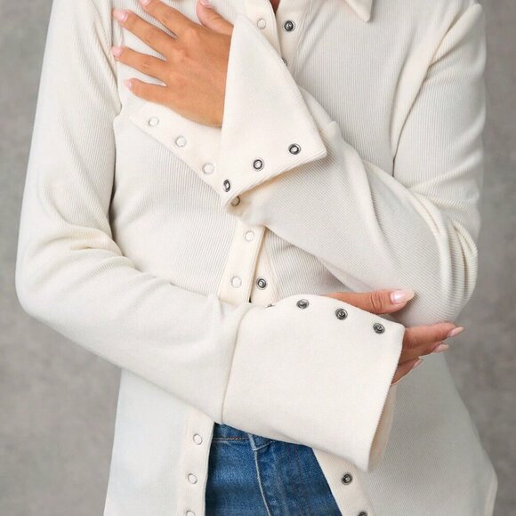 Beige Casual Women's Knitted Wool Blend Long Sleeve Button Down Blouse - Picture 6 of 6